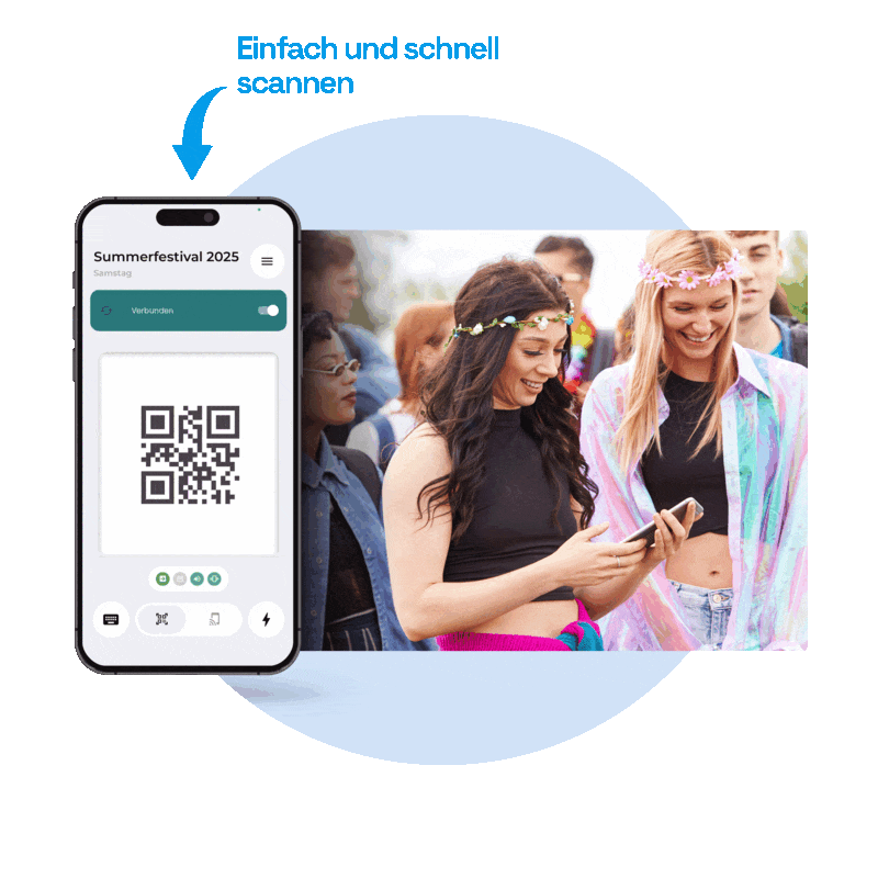 Darstellung der Scanner-App für mobile Einlasskontrollen bei Veranstaltungen 